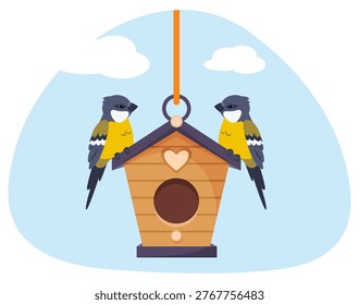 Two little birds sitting on roof of wooden birdhouse. Flying animals. Starling shelters. Handmade craft houses for tits. Titmouse couple. Sparrow dwelling hanging on rope. Birdie nest. Vector concept