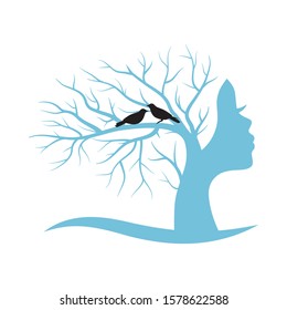 two little birds and winter tree with female face , vector