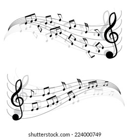 Two little black musical notes on moving chords. Music notes express melody and tones flow on isolated white background vector illustration.