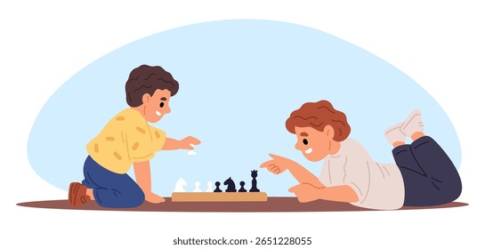 Dois amiguinhos jogando xadrez um com o outro. Crianças sentadas no chão no tabuleiro. hobby intelectual. Jogo de tabuleiro de estratégia. O jogador está pensando no xadrez. Conceito de vetor