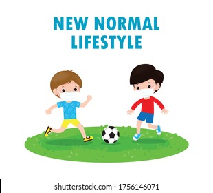 Two little boy wearing face mask playing soccer on new normal lifestyle concept.children playing football and wearing surgical protect Coronavirus 2019-nCoV or covid-19  Health care isolated backgroud