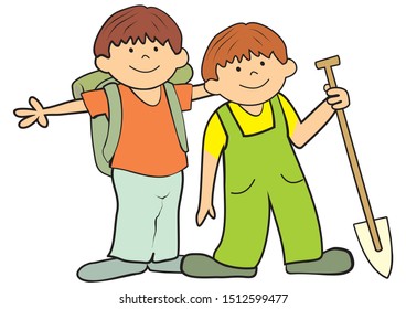 Two little boys with bag and spade on a trip. Funny vector illustration.
