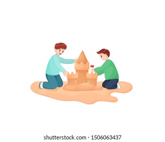 Two little boys build sand castle together. Children sitting on sand and playing with sand castle. Brothers or friends having fun. Kids cartoon character. Colorful vector illustration for banner
