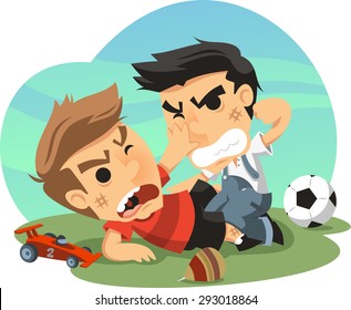 Two Little Boys Fighting Over Toys Vector Cartoon Illustration