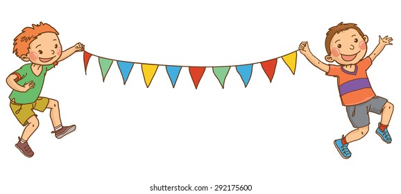 Two little boys with little flags on the string. Back to School isolated objects on white background. Great illustration for a school books and more. VECTOR. Editorial. Education.