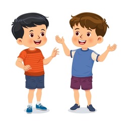 Dos Niños Se Divierten Hablando Juntos. Caracteres De Dibujos Animados Vectores Aislados En Fondo Blanco