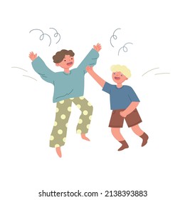 Two little boys are having fun and jumping. Children's joy. Happy children are playing.  Vector flat illustration on a white isolated background.