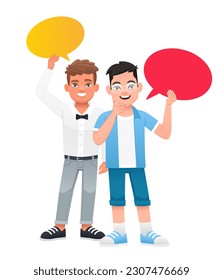 Two little boys are holding empty speech bubbles in their hands. The concept of children's opinion. Boyish questions. Vector illustration on a white background.