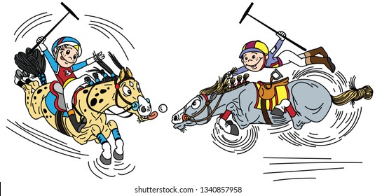 Two little boys on horseback playing a game of polo . Cartoon players and pony horses. Funny equestrian sport. Vector illustration