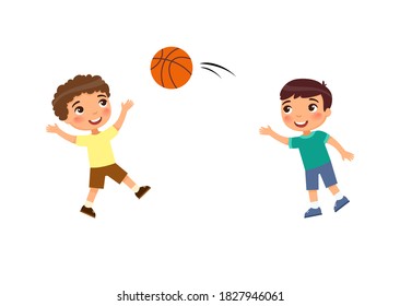 Two little boys play basketball flat vector illustration. Kids playing outdoors cartoon character. Children have fun.  Summer recreation activity