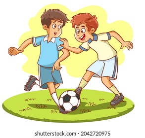 Two little Boys play football, happy Children playing soccer in the park isolated on white Vector illustration