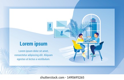 Two Little Boys Playing Chess at Table. School Chess. Print Image and Text. Coworking Center. Kids Hobby. Vector Illustration. Time Rest. Boy on Yellow Chair in Yellow T-Shirt. Print Image and Text.