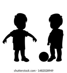 Two little boys playing football. Black vector graphic illustration  isolated on white background. 