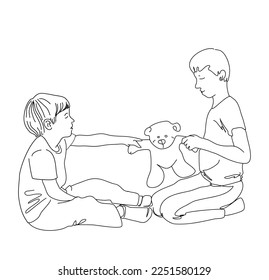 Two little boys are playing holding bear doll together, in line art illustration