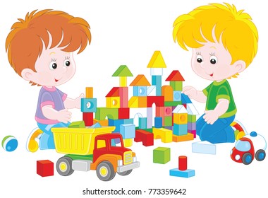 Little Boys Playing Toy Truck Bricks Stock Vector (Royalty Free) 164035460