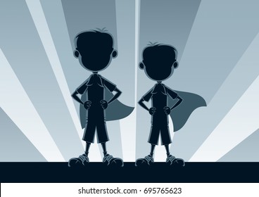 Two little boys posing like superheroes in front of light.