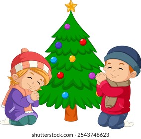 dos niños pequeños rezando de rodillas el día de las Navidades con un gran árbol de Navidad en el fondo de la ilustración