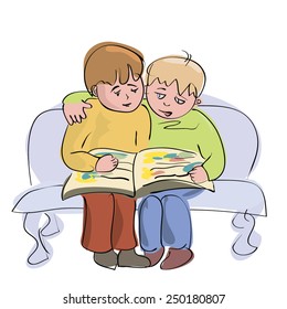 two little boys reading one book