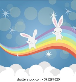 Two little Bunny are having fun on the rainbow among the clouds on isolated background
