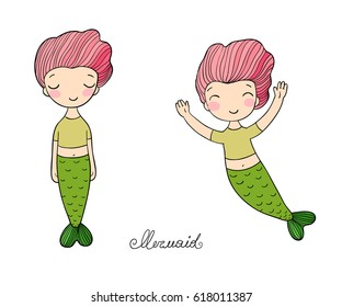  Two little cartoon mermaids. Siren. Sea theme. vector illustration on a white background. 
