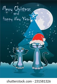 Two little cats on the moonlight with Christmas tree