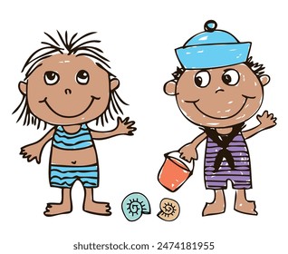 Two little cheerful cartoon baby children sunbating on beach on summer holiday, vector outline illustration isolated on white