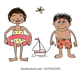 Two little cheerful cartoon children sunbating on beach on summer holiday, vector outline illustration isolated on white