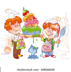 Two little chefs cooked up a big cake with sausage, cucumber and apple and destroyed the kitchen.  Vector illustration
