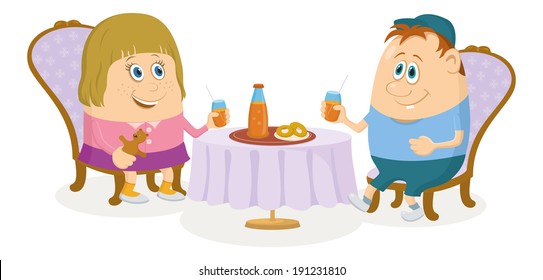 Two little children, boy and girl sitting near table, drinking juice and eating buns, funny cartoon illustration, isolated. Vector