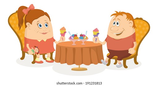 Two little children, boy and girl sitting near table and eating ice cream, funny cartoon illustration, isolated. Vector