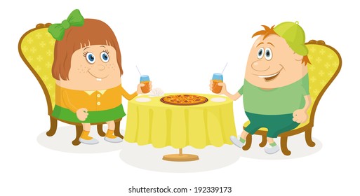 Two little children, boy and girl sitting near table, drinking juice and eating pizza, funny cartoon illustration, isolated. Vector