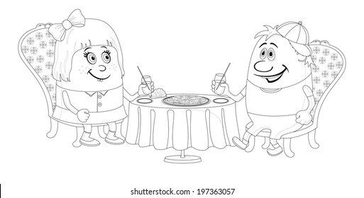 Two little children, boy and girl sitting near table, drinking juice and eating pizza, funny cartoon illustration, black contour isolated on white background. Vector