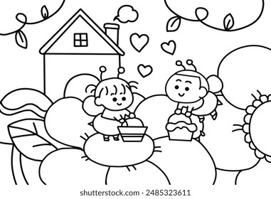 Two little children collecting honey.