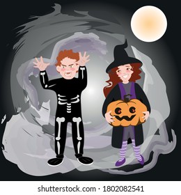 Two little children in Halloween cosplay went for treat or trick. A boy is dressed as a skeleton and a girl as a witch holding pumpkin lantern. Vector illustration with mysterious dark background.