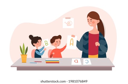 Two little children are learning alphabet in kindergarten with teacher. Smiling female school teacher is teaching cute kids in bright classroom. Flat cartoon vector illustration