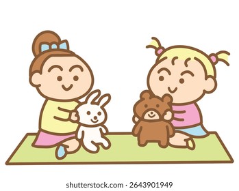 Two little children are playing with dolls.