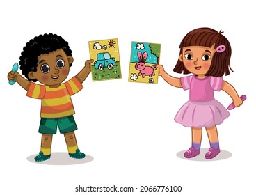 Two little children are showing the pictures they made. Vector illustration.
