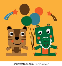 Two little cute animals sitting and playing balloons. Artwork idea for baby products. Square shape animal character design. vector design for your projects.