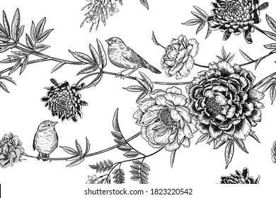 Two little cute birds on the branches of a tree. Floral seamless pattern. Garden flowers and leaves. Black and white. Peonies, chrysanthemums, jasmine and roses. Vector illustration. Vintage engraving