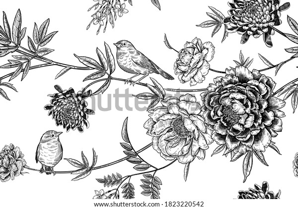 木の枝に小さくてかわいい鳥が二羽 花柄のシームレスな柄 庭の花と葉 白黒 牡丹 菊 ジャスミン バラ ベクターイラスト のベクター画像素材 ロイヤリティフリー 木の枝に小さくてかわいい鳥が二羽 花柄のシームレスな柄 庭の花と葉 白黒 牡丹 菊 ジャスミン バラ ベクターイラスト のベクター画像素材 ロイヤリティフリー