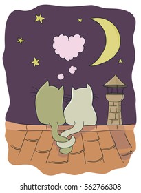 Two little cute cats on a roof with heart shaped bubble, moon, stars, chimney. Vector cartoon illustration on romance theme