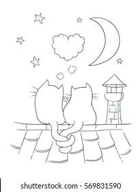 Two little cute cats on a roof with heart shaped bubble, moon, stars, chimney. Coloring page version vector cartoon illustration on romance theme