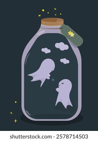 two little cute ghosts sit in a large jar with clouds and give two each other a star