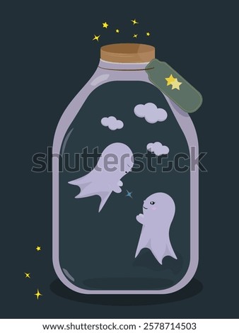 two little cute ghosts sit in a large jar with clouds and give two each other a star