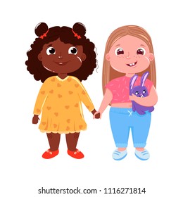 Two little cute girl friends. International friendship. Vector cartoon illustration for greeting card and poster and print and website
