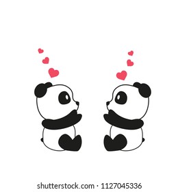 Two little cute pandas with pink watercolor hearts. Greeting card for Valentine's Day, Mother's Day, Father's Day, birthday, wedding. Hand drawn pandas for your design. Doodles, sketch. Vector.eps 10.