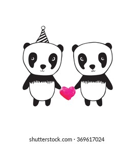 Two little cute pandas with pink watercolor hearts. Greeting card for Valentine's Day, Mother's Day, Father's Day, birthday, wedding. Hand drawn pandas for your design. Doodles, sketch. Vector.