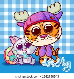 two little cute tiger and cat cartoon . Can be used for baby t-shirt print, fashion print design, kids wear, baby shower celebration, greeting and invitation card. - Vector