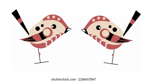 
Two little decorative birds with red heads.