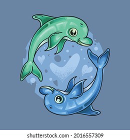 two little dolphin playing together grunge style illustration vector